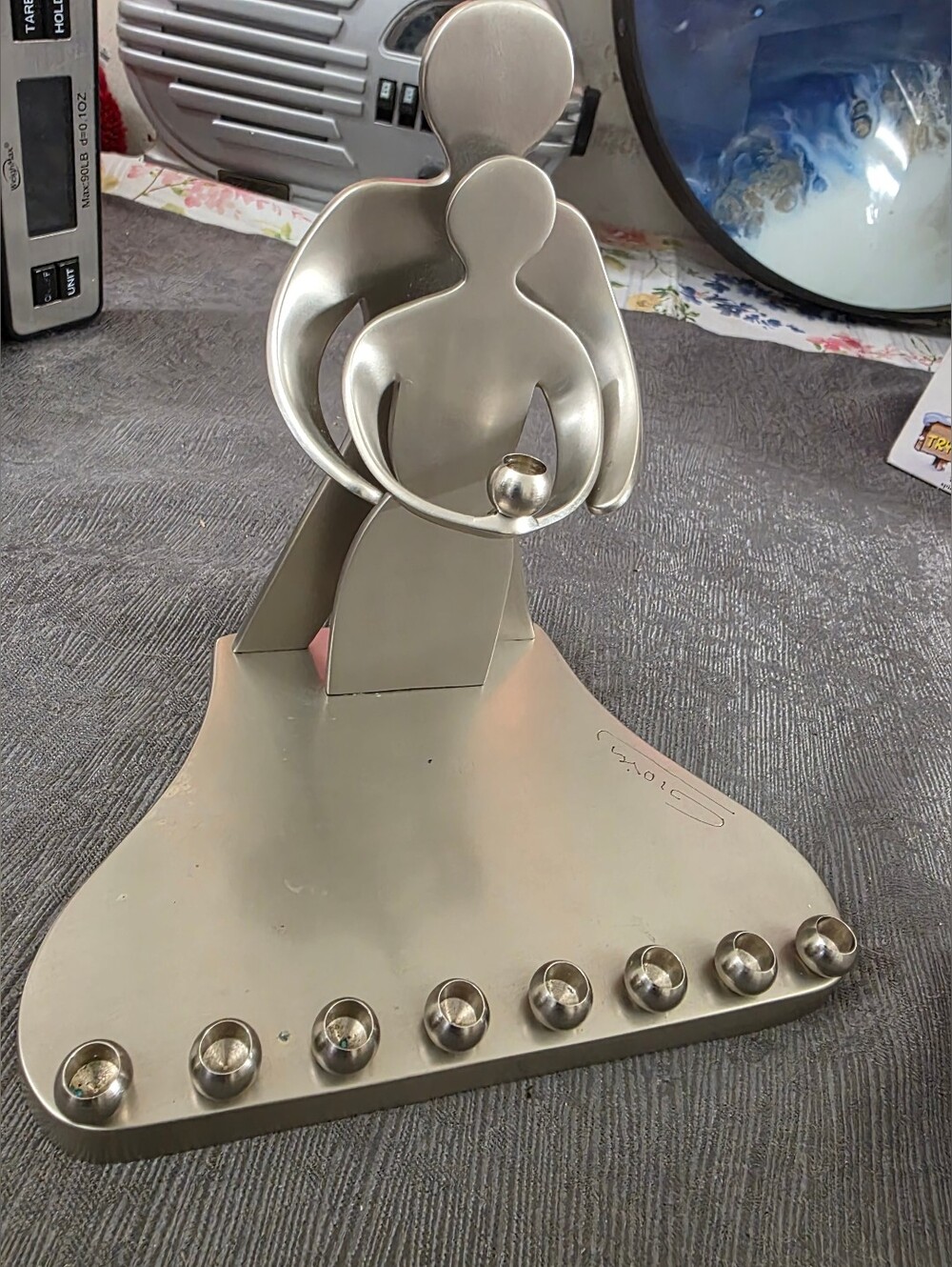 Metal "OUR LOVE" Brushed Pewter Menorah by Giora Novak signed 9 candle